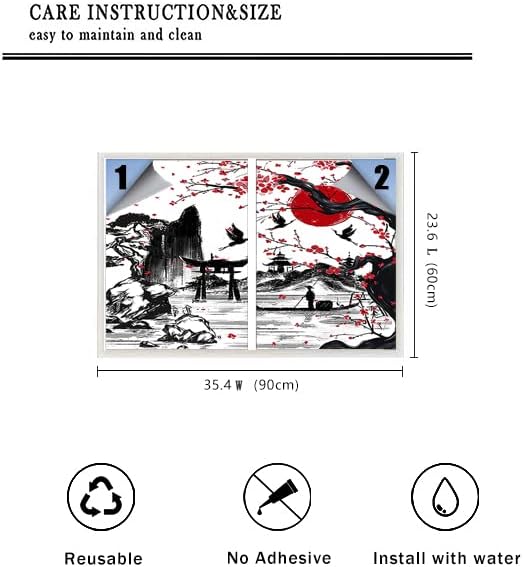 Vintage Japanese Style Decorative Window Film Abstract Ink Japanese Landscape Torii Gatekids Blackout Window Film,Cafe Lighted Window Film 17.7Wx23.6L-Inch X2Pcs