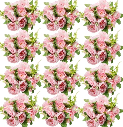 Nagobi Pink Peonies Artificial Flowers, 12 Bundles Fake Peonies Silk Flowers Faux Peonies Flowers Realistic Bouquet for We...