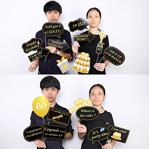 60th Birthday Party Photo Booth Props (51Count) for Her Him 60th Birthday Gold and Black Decorations, Konsait Big 60 Birth...