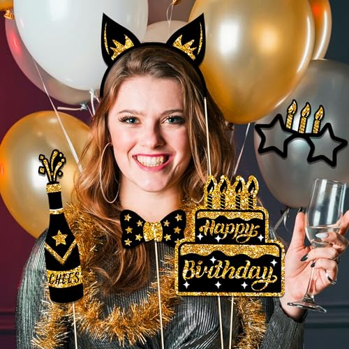 30 Pcs Black & Gold Birthday Photo Booth Props 2025 Party Photo Booth Props Birthday Decorations Backdrop Decorations for ...