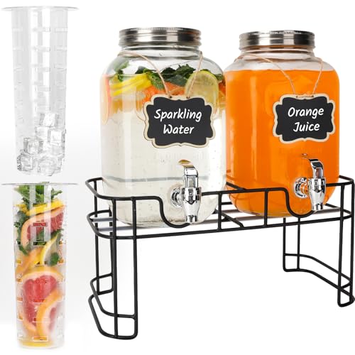 Waymind 1 Gallon Glass Drink Dispensers, 2 Pack Clear Beverage Dispenser with Stand and Spigot for Parties, Drink Dispense...