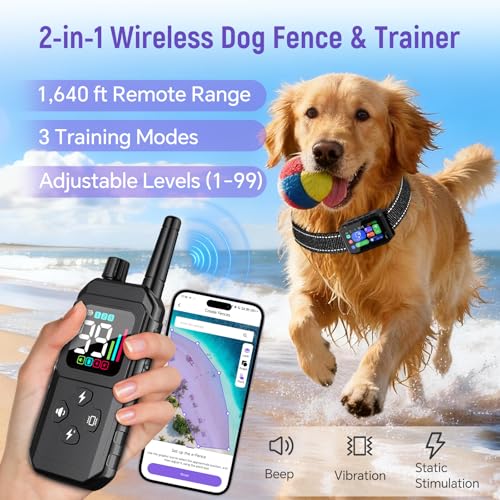 RAINLEOTI GPS Wireless Dog Fence – with Dog Collar, Remote & Free App, Custom GPS Fence, Adjustable Beep/Vibration/Static,...