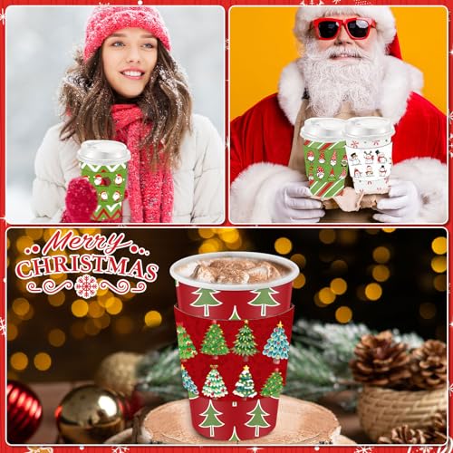 Boao 100 Sets Christmas Paper Coffee Cups with Sleeve and Plastic Lid Stir Straw 12 oz Disposable Hot Chocolate Cocoa Cups...