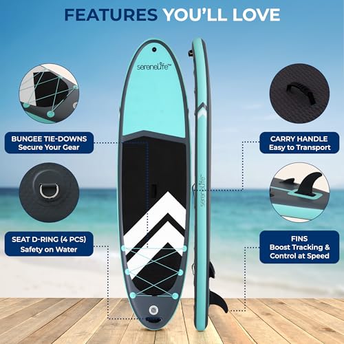 SereneLife XL Inflatable Stand Up Paddle Board – Extra-Wide, Pet & Family-Friendly SUP for Adults, Kids & Pets – Non-Slip ...