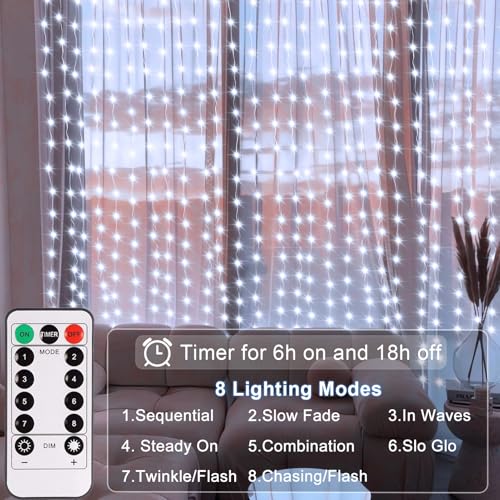 echosari Curtain Fairy Lights 300 LED Hanging Lights USB Powered Copper Curtain String Lights 9.8Ft x 9.8Ft for Wall Chris...