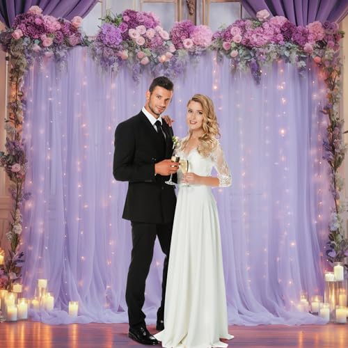 10x8ft Purple Tulle Backdrop Curtain with Lights String for Parites, Sheer Backdrop Curtains for Wedding Baby Shower Birth...