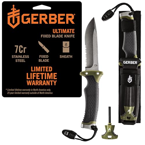 Gerber Gear Ultimate Survival Knife, Fixed Blade Knife with Combo Edge, includes Fire Starter Edge and Ferro Rod, Whistle,...