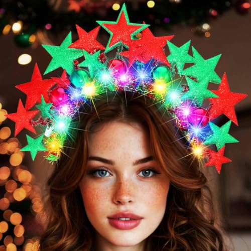 BARTOSI Christmas Headbands Light Up Star Headband Xmas Hairbands Holiday Hair Accessories for Women and Girls
