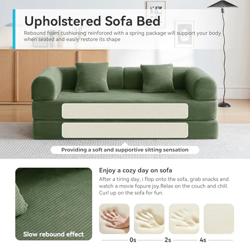 QQR Convertible Floor Sofa Bed with Fixed-Shape Frame, King Size Floor Sleeper 5-in-1 DIY Combination Modular Sofa, Modular Chenille Folding Mattress Couch for Living Room Bedroom Playroom (Green)