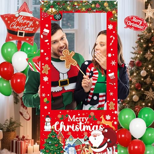 Christmas Party Decorations Set with Photo Booth Frame, Merry Christmas Banner, 35 Balloons, Photo Props