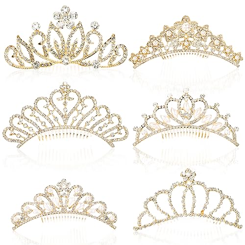 Lyellfe 6 Pack Tiara Crown, Crystal Rhinestone Headbands with Comb, Gold Tiaras and Crowns Hair Accessories for Birthday P...