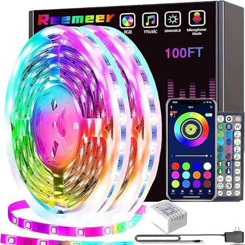 REEMEER Led Lights 100ft Smart APP Control Music Sync Strip Lights RGB Color Changing Strips with Remote, for Bedroom Kitc...