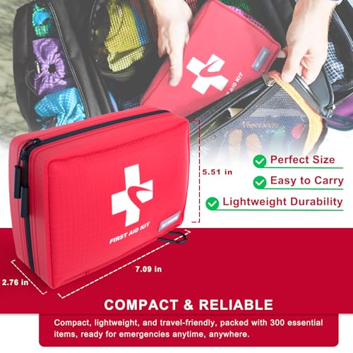 Compact First Aid Kit 300 PCS – Small Waterproof Emergency Medical Kit for Home, Car, Travel, Camping, Hiking, Truck, Offi...