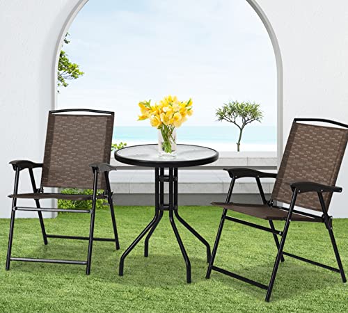 Tangkula 3 Pieces Patio Bistro Set, Outdoor Folding Chairs & Table Set with Tempered Glass Tabletop, Round Table & 2 Folda...
