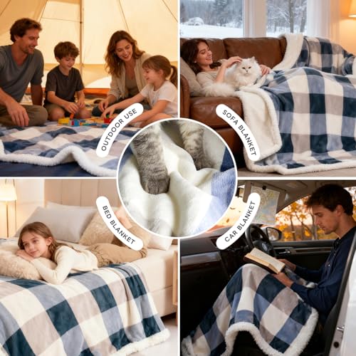 PU MEI Sherpa Fleece Throw Blanket 60" x 80" Reversible Plush Fluffy Large Big Blanket Lattice Flannel Blankets for Sofa C...