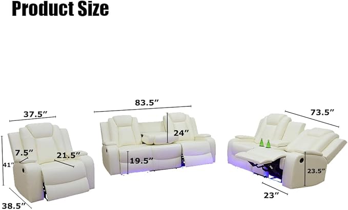 Toseslo Living Room Furniture Sets, Power Recliner Sofa Set with LED Light, Black Leather Sofa and 2 Chairs Set, Modern Power Reclining Sets with Storage Console for House,Creamy White