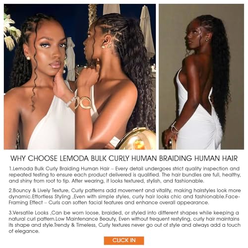 Lemoda Boho Human Braiding Hair Burmese Curly Bulk Human Hair Extensions For Bohemian Knotless Braids No Weft 26Inch 1Bundle/Lot 100g/1Bundle 1B Natural Black Salon-Quality