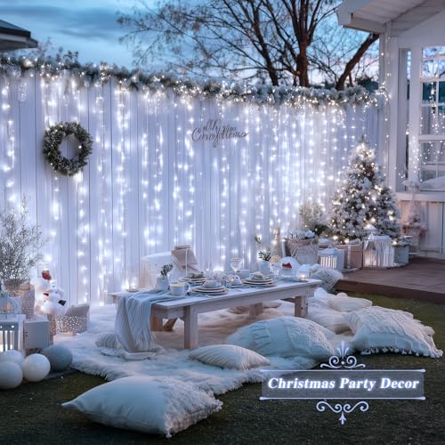JMEXSUSS 200 LED Fairy Curtain Lights Battery Operated & USB Plug in - Remote Curtain String Lights for Bedroom with 8 Mod...