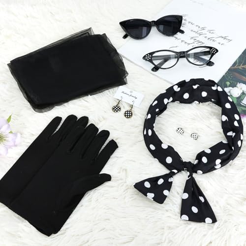 Bcxfbxd 7 Pcs 50's Women Costume Accessories Set Cat Eye Glasses Scarf Bandana Headband Drop Dot Earrings for Party Halloween