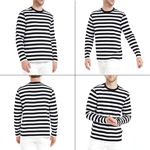 LEDING Mens Shirt Striped Black White Cotton Spandex Crewneck Long Sleeve Basic Pullover Stripe Casual Crew Tee Shirt