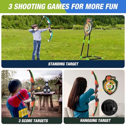HYES 2 Pack Bow and Arrow for Kids, LED Light Up Archery Set with 24 Suction Cup Arrows, 1 Standing Target, 6 Score Target...