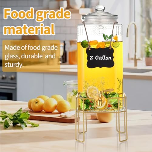 Drink Dispenser,2 Gallon Drink Dispensers for Parties,Beverage Dispenser with Stand,Glass Lid and Stainless Steel Spigot L...