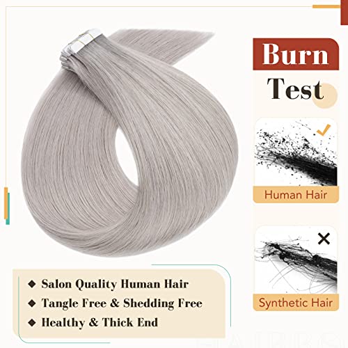 Hairro Tape In Hair Extensions - Human Remy Hair, Adhesive Skin Weft, Natural Glue-in Hairpieces, Full Head Grey, 20 Inch, 50g, 20pcs #GREY