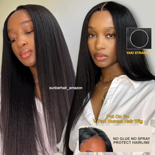 Sunber Yaki Straight V Part Human Hair Glueless Wig Upgrade U Part Wig No Leave Out Vpart light yaki straight Machine Made Clip In Half Wigs No Leave Out Real Scalp V Shape 150% Density 20Inch