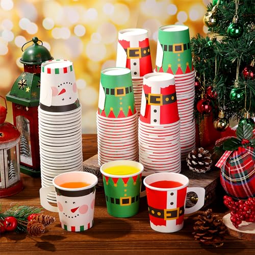 Maxcheck 150 Pcs Christmas Paper Cups 7oz Disposable Christmas with Handles Santa Snowman Elf Tea Coffee Cups Hot Chocolat...