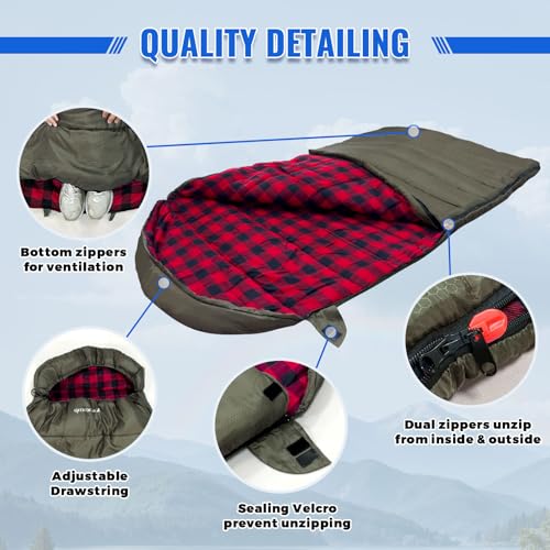 Keencamp 0 Degree Sleeping Bag Cotton Flannel Winter Cold Weather for Adults XXL Sleeping Bag 4 Season Big and Tall with P...