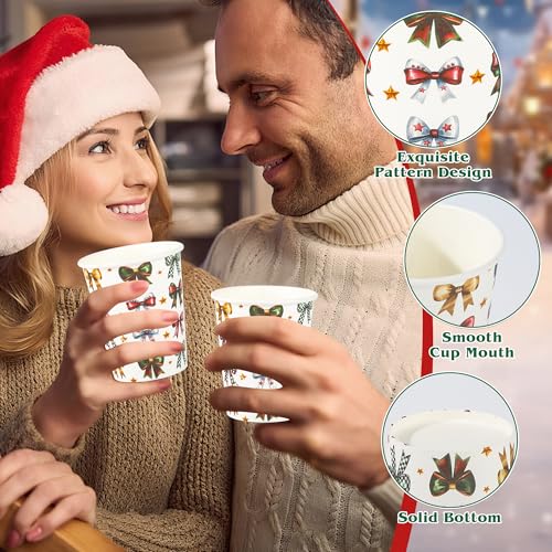 Houuqe 100 Pcs 9 oz Christmas Ribbons Bows Paper Cups Disposable Coquette Bowknot Coffee Cups Hot Cocoa Chocolate Paper Cu...
