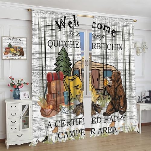 Fblifil Funny Camper Curtain,Bear Drink Beer Camping Trailer Tent Campfire in Forest Woodland Welcome to Camp Quote Window...