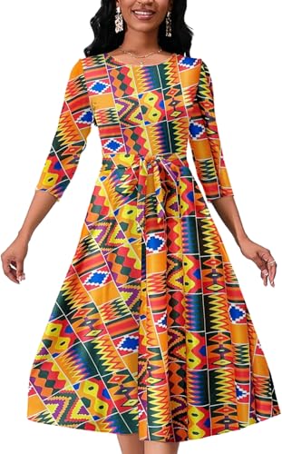 Women's Caual Midi Dress 3/4 Sleeve Crewneck A-line Swing Dress for Women with Belt for Wedding Guest & Cocktail Party