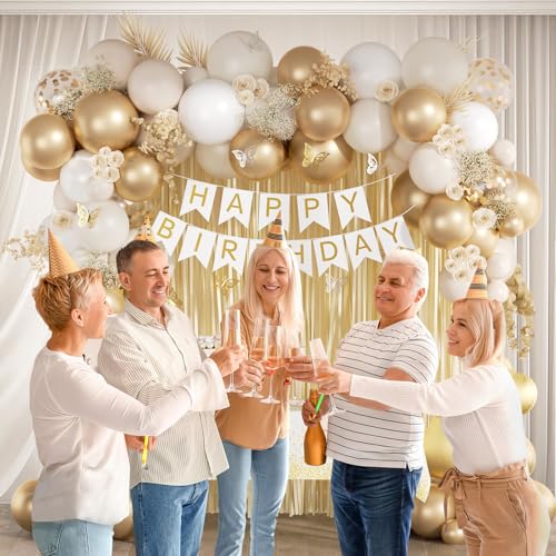 White and Golden Birthday Party Decorations with Happy Birthday Banner Fringe Curtai Tablecloth Butterfly Decorations Foil...