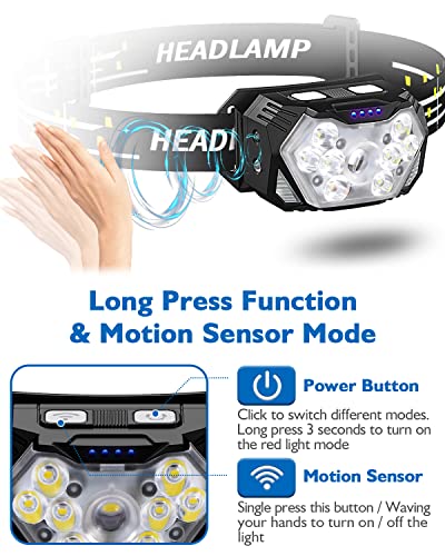 Eirnvop 2000LM Ultra Bright 9 LED Headlamp, 2 Pack USB C Rechargeable Headlights, 10 Modes, Motion Sensor, Waterproof Head...