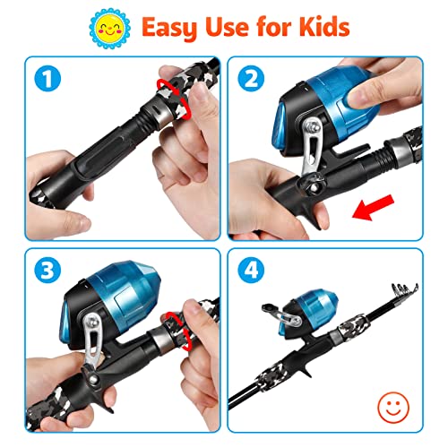 PLUSINNO Kids Fishing Pole with Spincast Reel Telescopic Fishing Rod Combo Full Kits for Boys, Girls, and Adults
