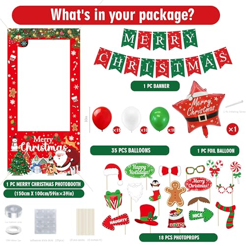 Christmas Party Decorations Set with Photo Booth Frame, Merry Christmas Banner, 35 Balloons, Photo Props