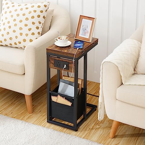 HOOBRO C Shaped Side Table with Charging Station, Foldable End Table with Fabric Bag, Sofa Couch Tray Table for Small Spac...