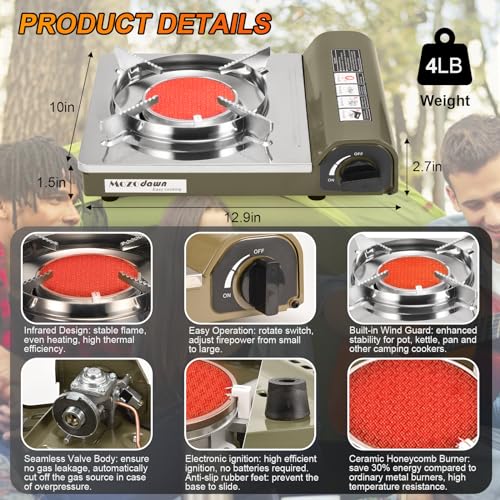 MOZODAWN Dual Fuel Camp Stove, 8000 BTU Infrared Butane & Propane Portable Gas Stove, Windproof Single Burner with Carryin...