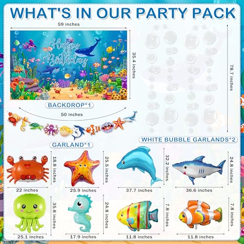 Under the Sea Party Decorations 98Pcs, Ocean Theme Birthday Party Supplies Include Backdrop Tablecloth Bubble Garlands Cak...