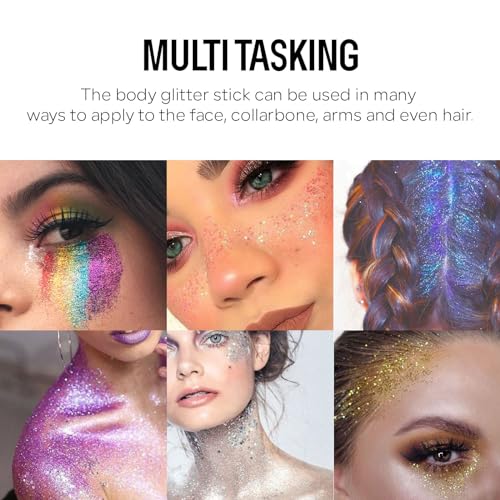 KYDA Body Glitter Stick, Chunky Glitter Gel for Face Body Hair, Sparkling Holographic Mermaid Sequins Paint, Waterproof Mu...