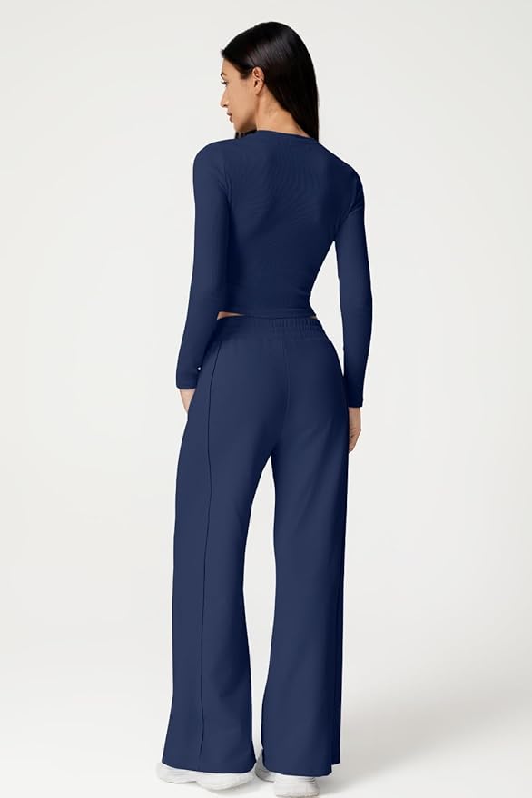 QINSEN Womens 2 Piece Sets Long Sleeve Slim Fit Crop Tops Wide Leg Pants Matching Lounge Set