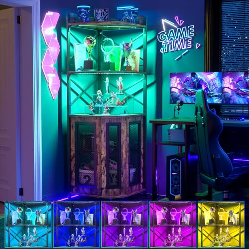 Aheaplus Corner Bar Cabinet with Power Outlet, Industrial Wine Cabinet with LED Strip and Glass Holder, 5-Tiers Liquor Cab...