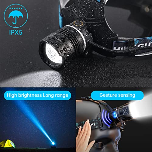 LED Rechargeable Headlamp, Headlight 1500 Lumens Super Bright with 6 Modes & IPX5 Warning Light, Motion Sensor Adjustable ...