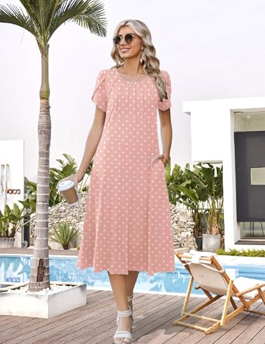 ZEAGOO Womens Casual Summer Dress 2026 Petal Short Sleeve Dresses with Pleats Midi A Line Flowy Dress Boho Sundress