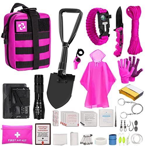 ThinkLearn Pink Survival Kits with First Aid Kit, Hiking Camping Gear and Equipment for Women, Professional Bug Out Bag Su...