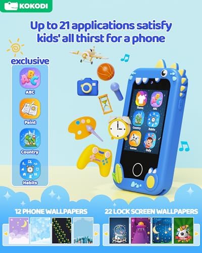 KOKODI Kids Smart Phone, Touchscreen HD Dual Camera Cell Phone for Kids, Christmas Birthday Gifts Dinosaur Toddler Play Phone for Boys 3-10, Travel Toy Preschool Learning Education Toy