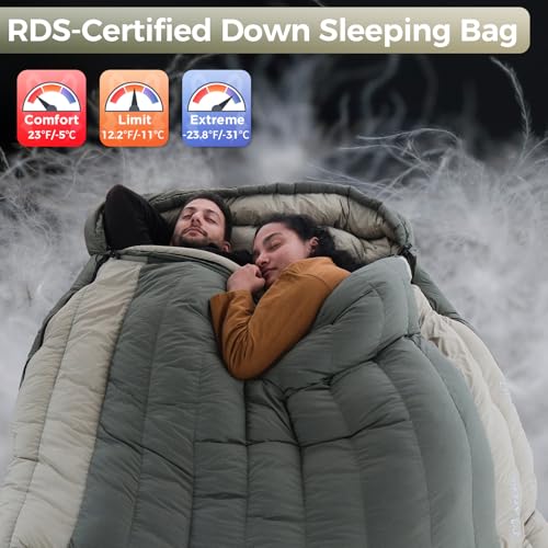 ATEPA 0 Degree Sleeping Bag, 700FP 15°F 20°F 23°F 30°F Down Mummy Cold Weather Double Lightweight Wide XL Sleeping Bags wi...