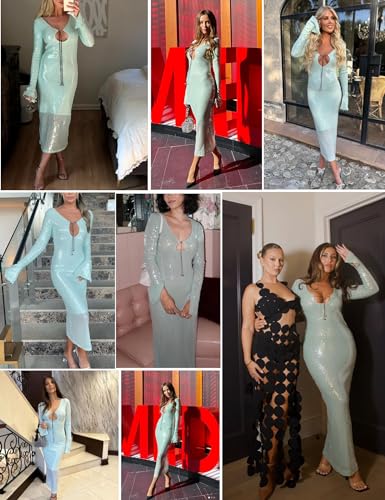 meilun Deep V Dress with Drawstring Long Sleeve Sequin Dress for Women Long Gown