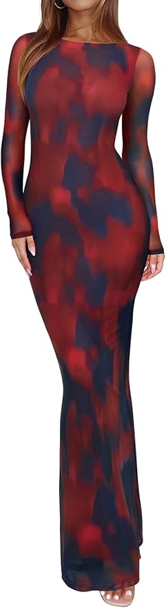REORIA Women's Spring Mesh Sheer Long Sleeve Wedding Guest Dress Sexy Floral Bodycon Maxi Long Dresses